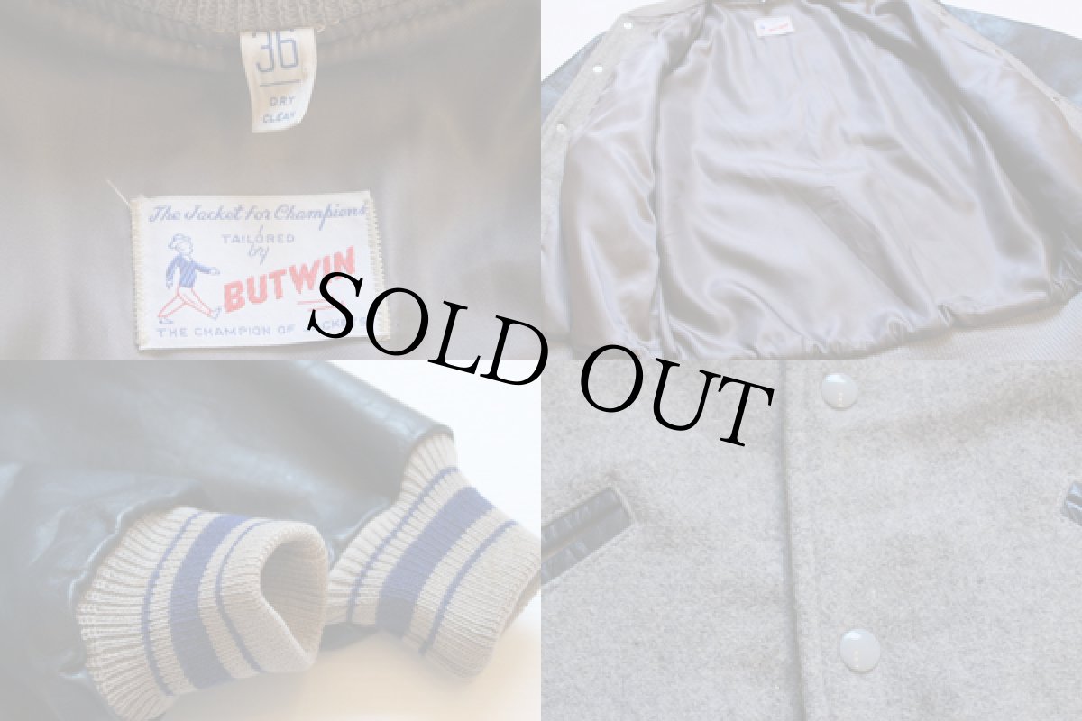 画像3: 60s BUTWINバトウィン メルトン ウール 袖革スタジャン 紺×灰 36 (3)