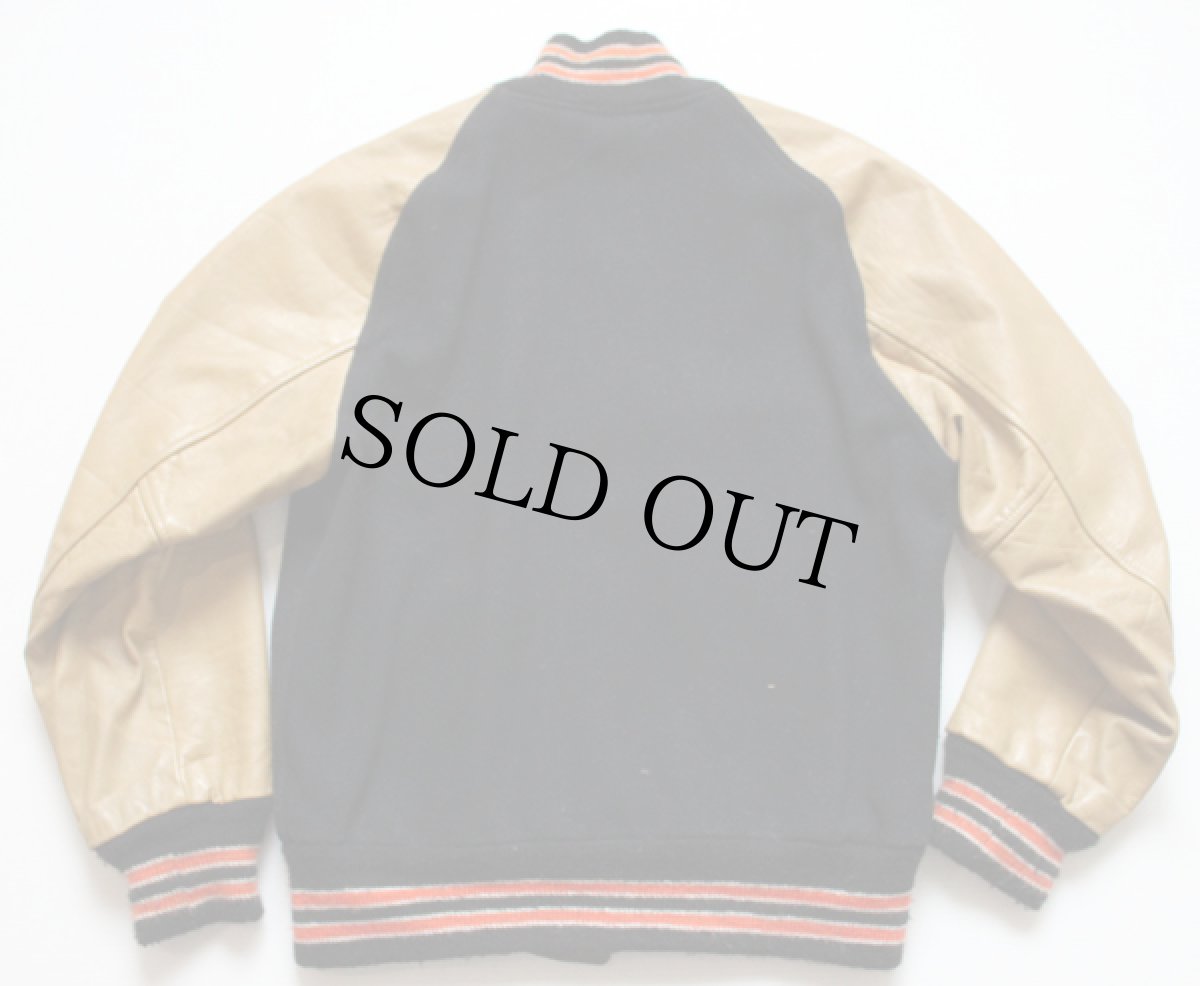 画像2: 70s KAYE BROS パッチ付き メルトン ウール 袖革スタジャン 黒 36 (2)