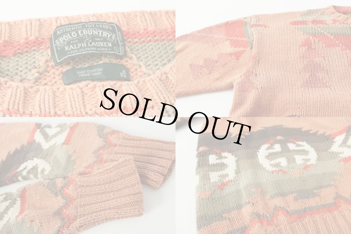 画像3: 80s ポロ カントリー ラルフローレン ネイティブ柄 コットン ハンドニット セーター L (3)