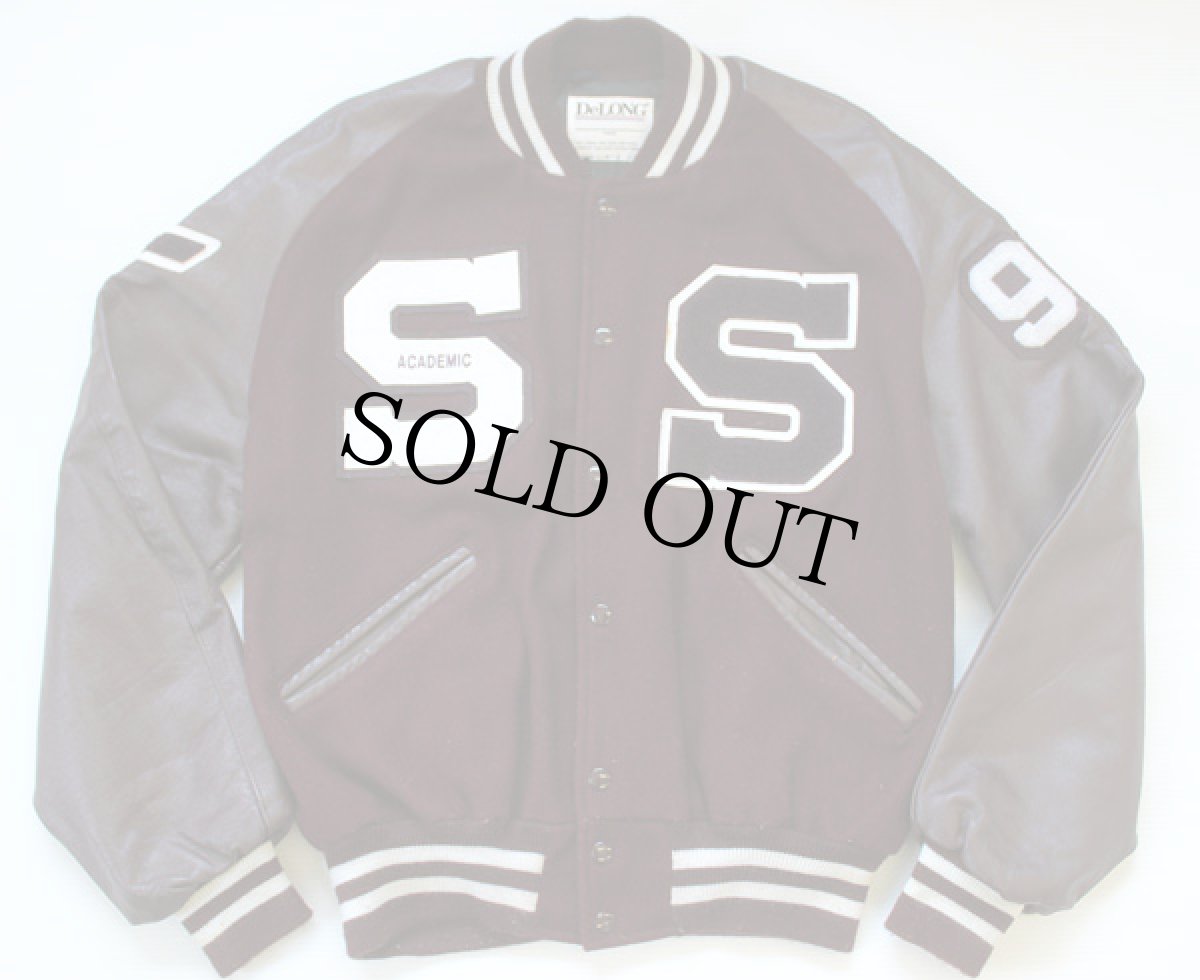 画像2: 90s USA製 DeLONGデロング パッチ付き メルトン ウール 袖革スタジャン L (2)