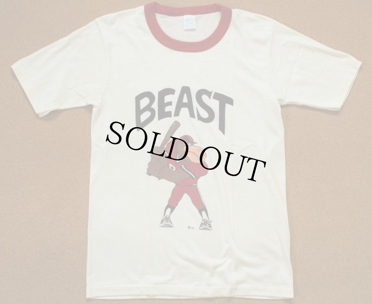 画像2: 80s USA製 BEAST 染み込みプリント リンガーTシャツ S (2)