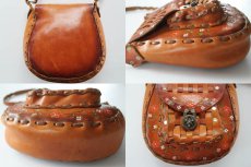 画像2: 70s 花柄 カービング ペイント レザー ショルダーバッグ (2)