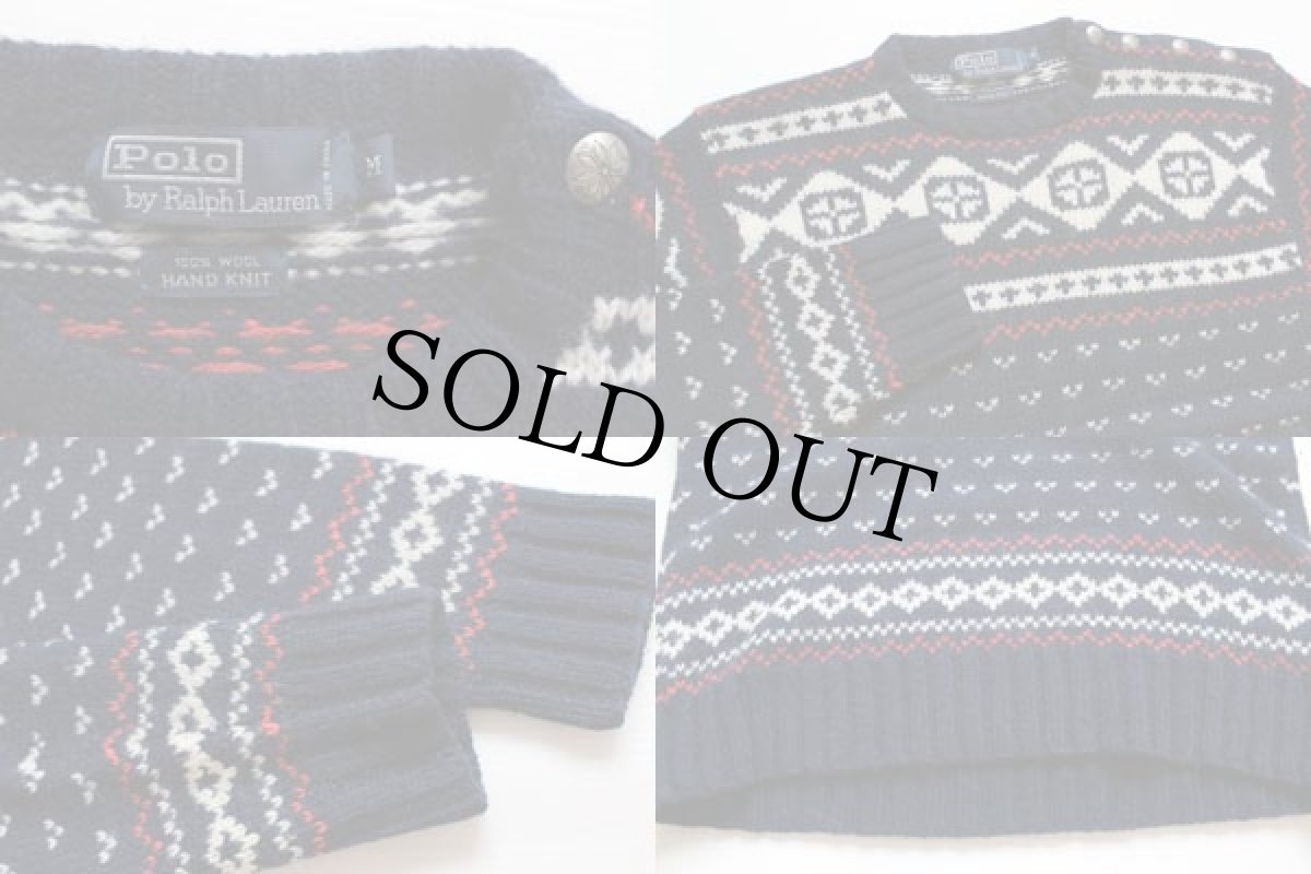 画像3: 90s ポロ ラルフローレン ノルディック柄 コンチョボタン ウール ハンドニット セーター M (3)