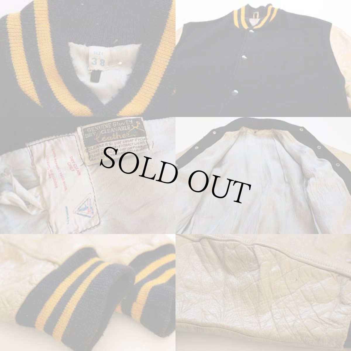 画像3: 60s UNKNOWN 袖革スタジャン 黒×ベージュ 38 (3)