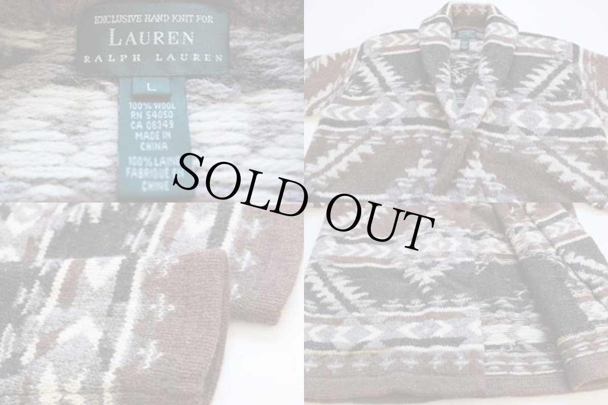 画像3: 00s LAUREN ラルフローレン ネイティブ柄 ショールカラー ウール ハンドニット ガウン L★カーディガン (3)