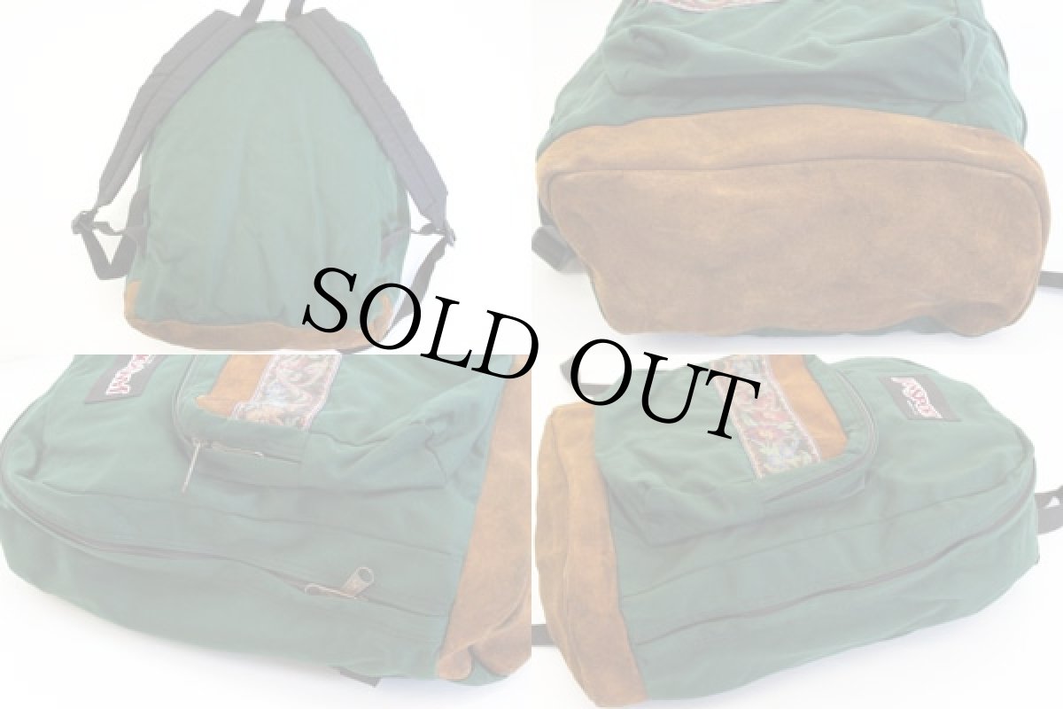 画像2: 90s USA製 JANSPORTジャンスポーツ チロリアンテープ ボトムレザー リュックサック 緑 (2)