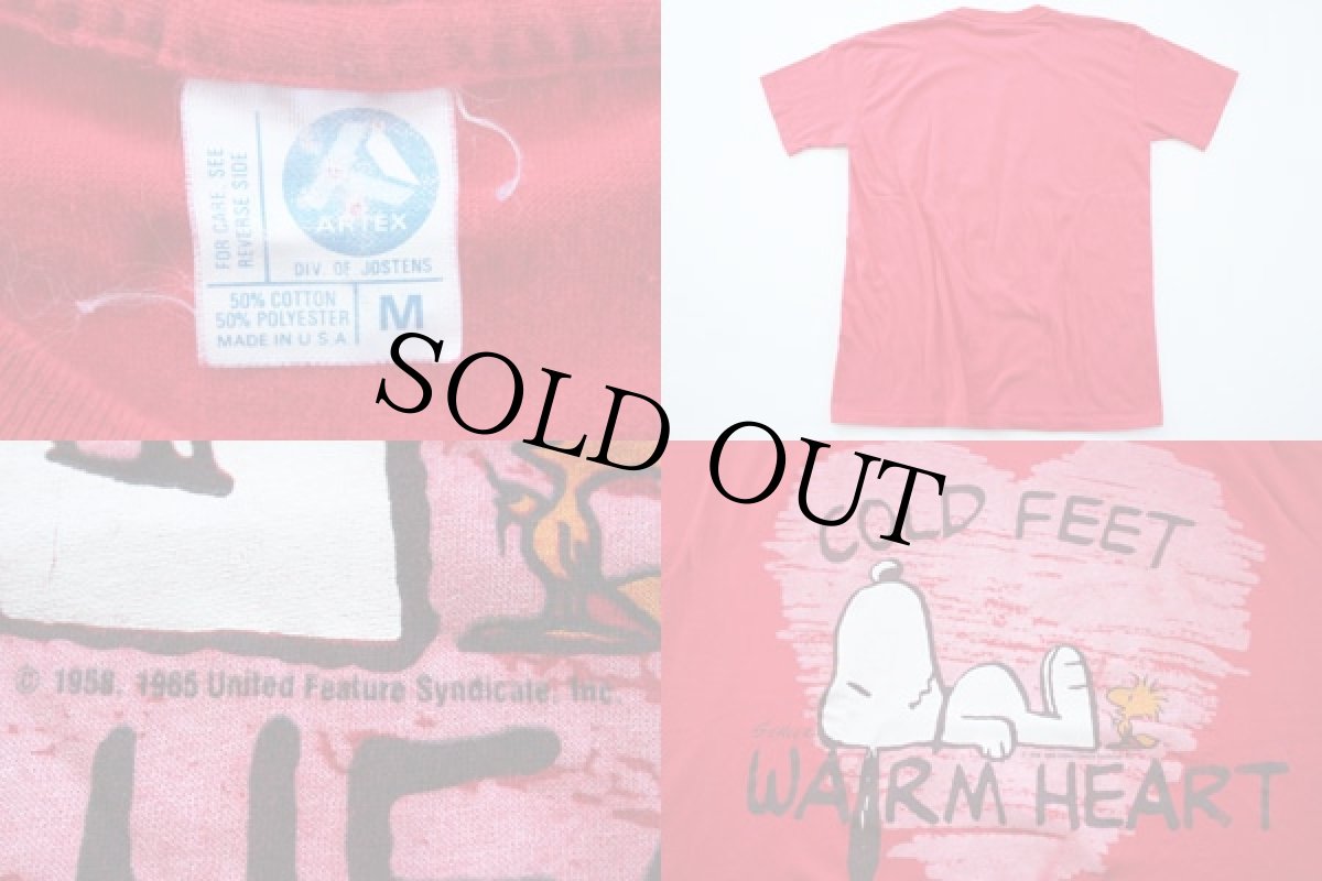 画像3: 80s USA製 ARTEX スヌーピー COLD FEET WARM HEART Tシャツ 赤 M (3)