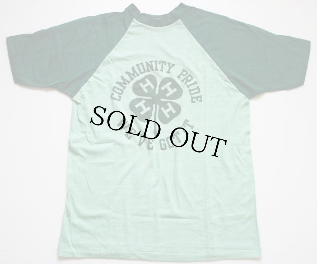 画像2: デッドストック★70s USA製 Velva Sheen 4H クローバー 染み込みプリント ラグランTシャツ 杢グリーン×緑 L (2)