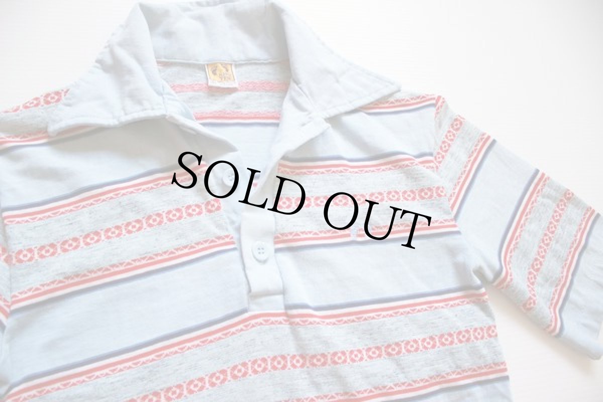 画像2: 70s HANGTENハンテン ジャガード ボーダー ポロシャツ 水色 S (2)