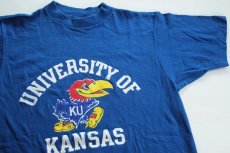 画像1: 80s USA製 Collegiate Pacific KU カラーフロッキープリントTシャツ 青 M (1)