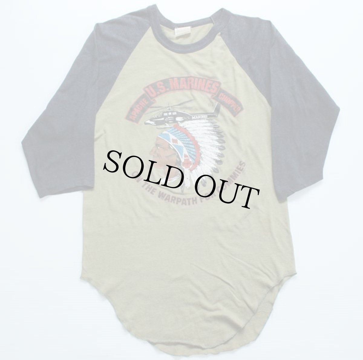 画像1: 80s USA製 U.S.MARINES アパッチ インディアンヘッド 七分袖 ラグランTシャツ M (1)