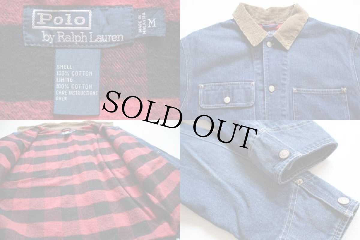 画像3: ポロ ラルフローレン ビンテージ加工 バッファローチェック ネルライナー デニム ワークジャケット M (3)