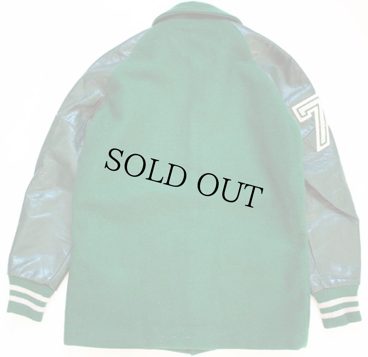 画像2: 70s DeLONGデロング パッチ付き メルトン ウール ロング 袖革スタジャン 緑 36 (2)