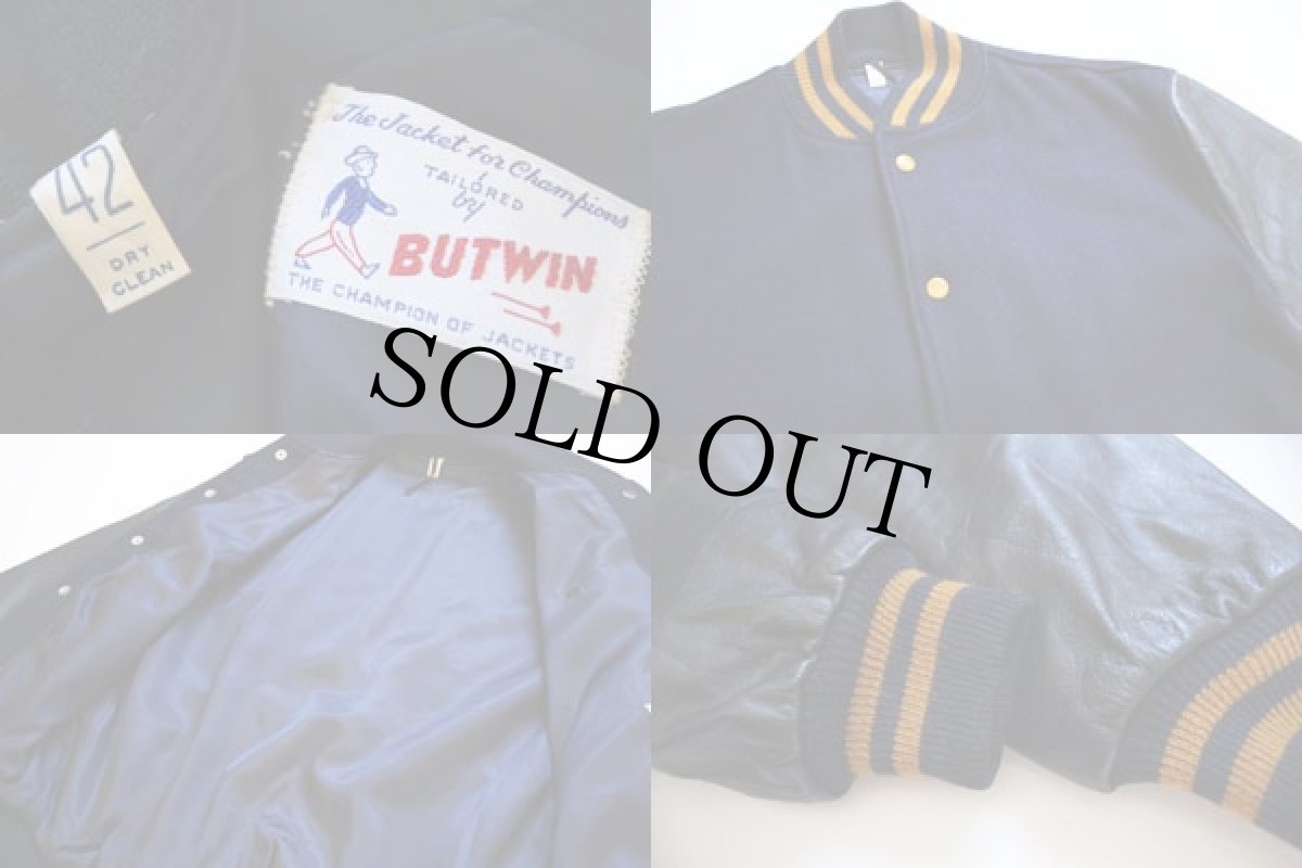 画像3: 60s BUTWINバトウィン メルトン ウール 袖革スタジャン 紺×黒 42 (3)