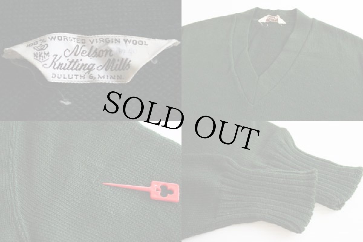 画像3: 40s Nelson Knitting Mills Vネック ウールニット セーター 深緑 (3)