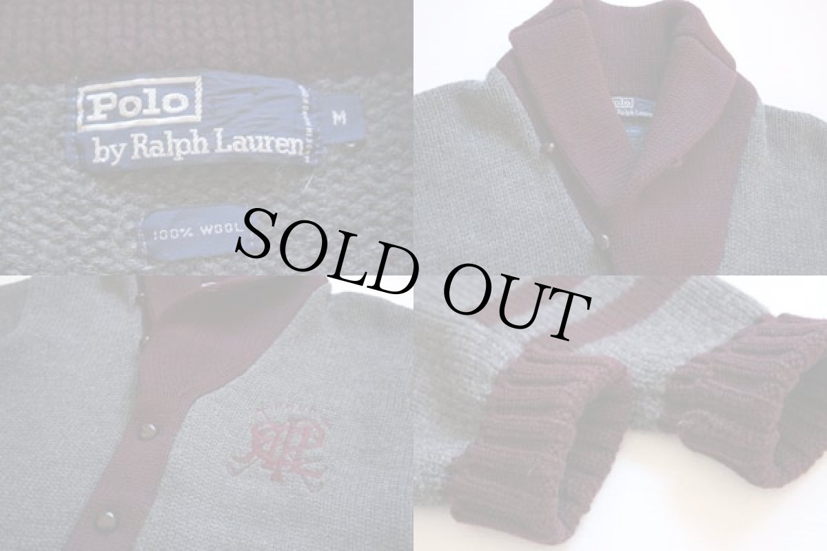 画像3: 90s ポロ ラルフローレン ロゴ刺繍 ツートン ショールカラー ローゲージ ウールニット カーディガン M (3)