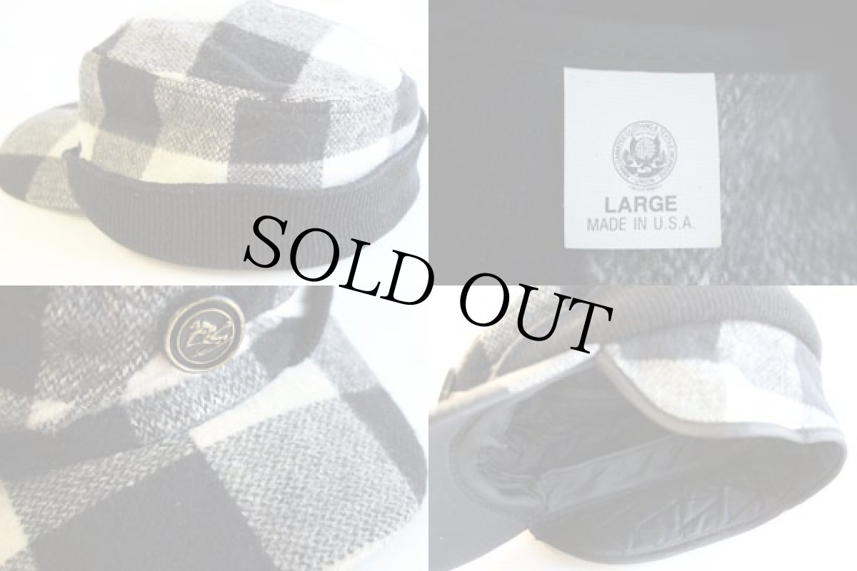 画像3: USA製 バッファローチェック 耳当て付き ウールキャップ 白×黒 L (3)