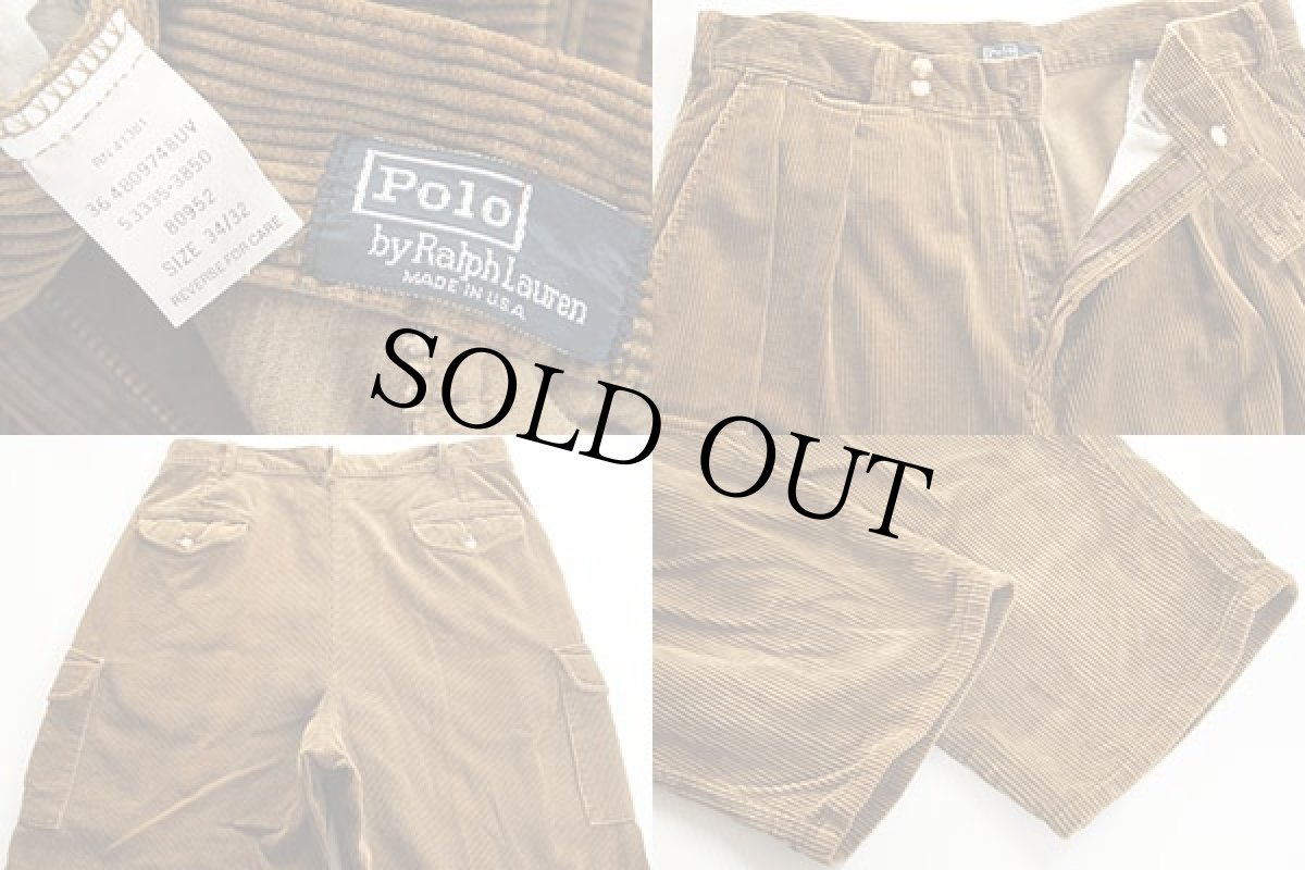 画像3: 80s USA製 ポロ ラルフローレン 太畝 コーデュロイ カーゴパンツ 茶 34 (3)