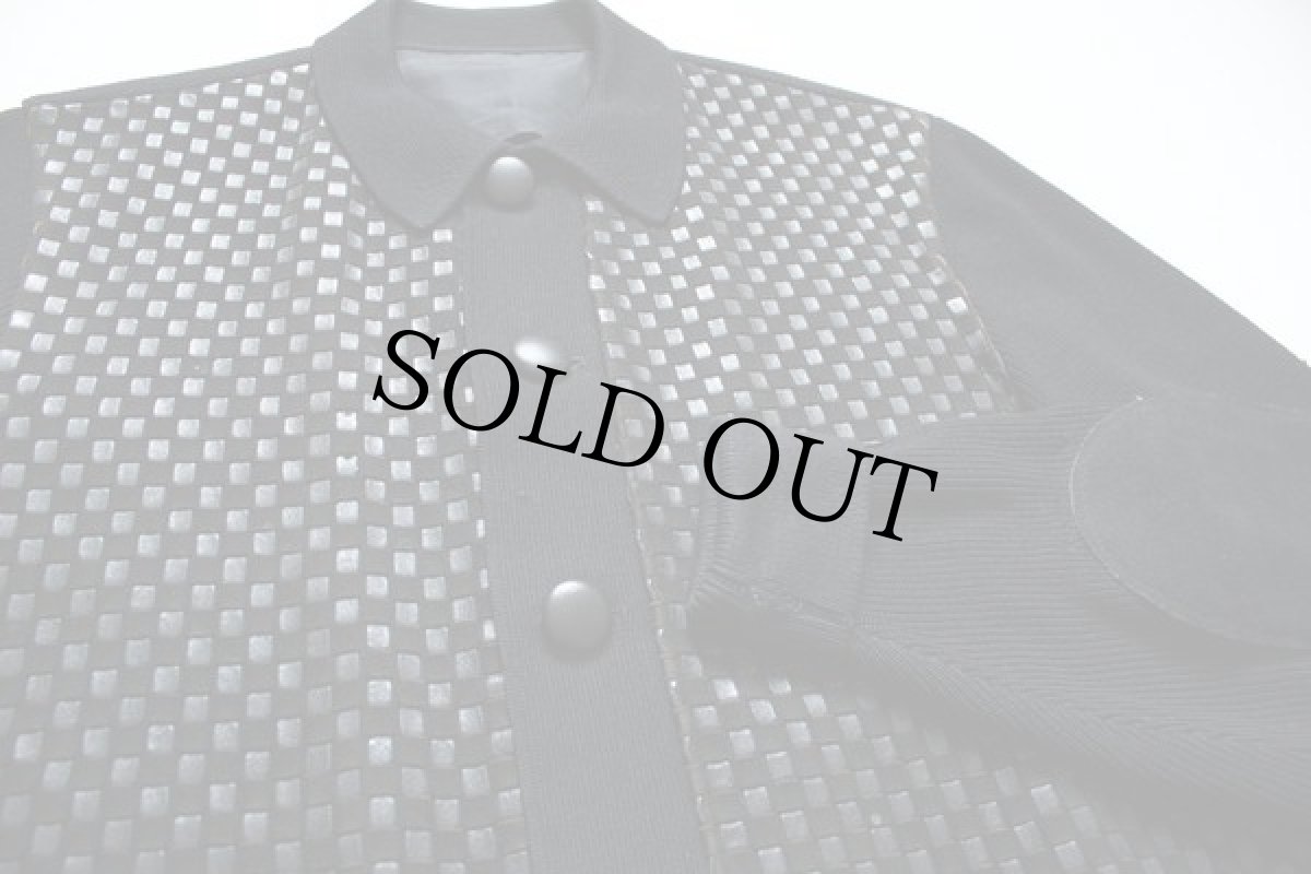 画像2: ビンテージ 編み込みレザー切り替え エルボーパッチ付き ウールニット カーディガン (2)