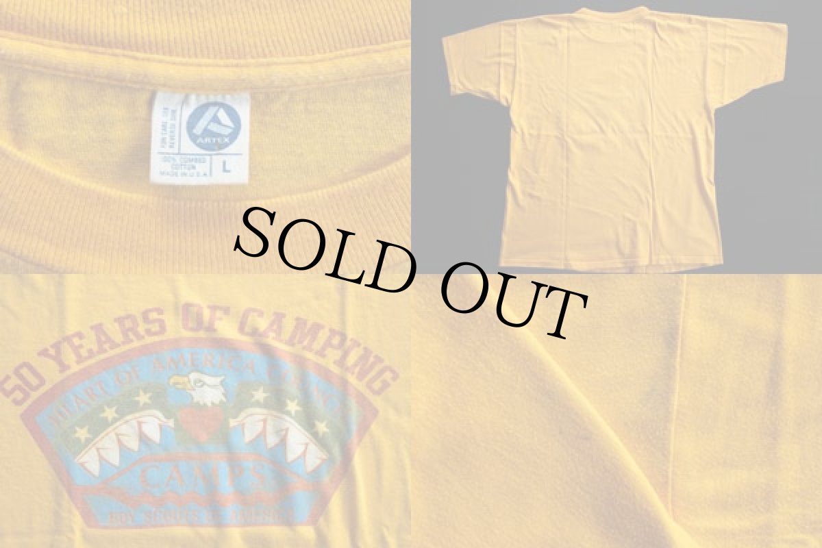 画像3: 70s USA製 ARTEX BSA ボーイスカウト 染み込みプリント コットンTシャツ 黄 L (3)