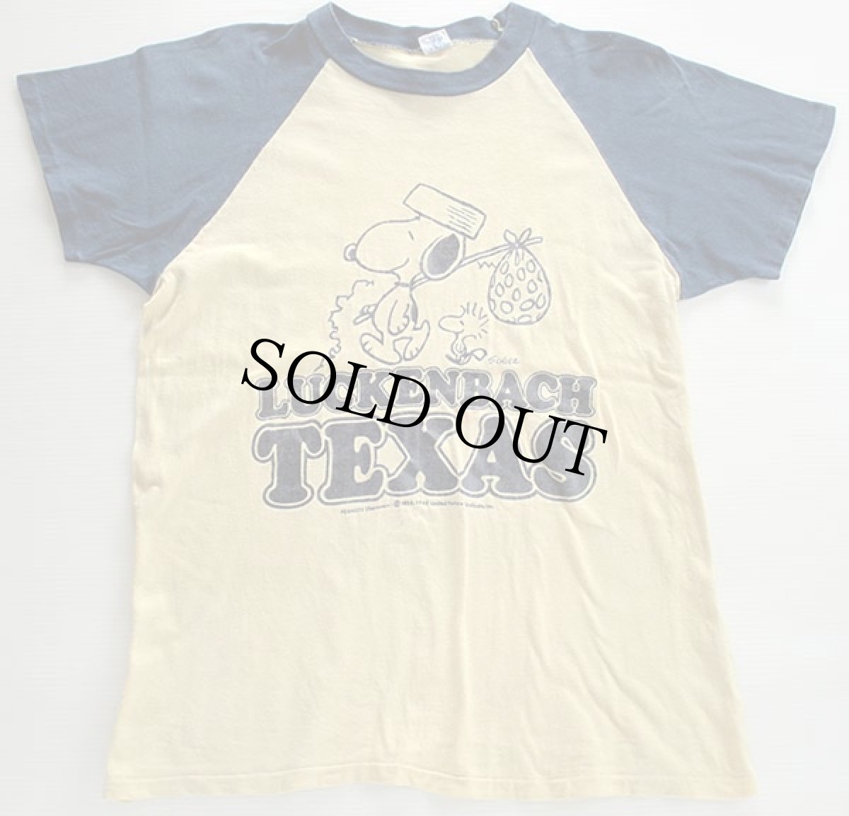 画像2: 70s USA製 ARTEX スヌーピー LUCKENBACH TEXAS ツートン ラグラン コットンTシャツ 黄×紺 L (2)