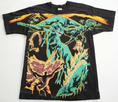 画像1: 90s USA製 恐竜柄 オールオーバープリント コットンTシャツ 黒 L (1)