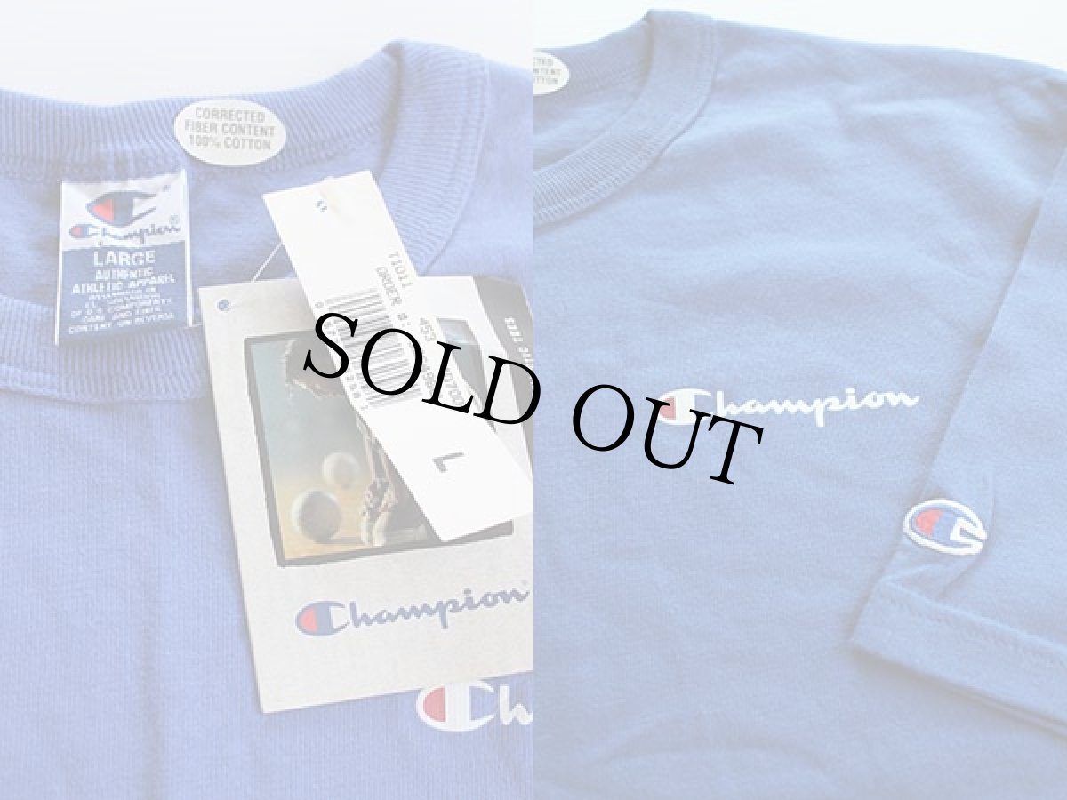 画像3: デッドストック★90s Championチャンピオン ワンポイント スクリプト ロゴ コットンTシャツ 青紫 L (3)