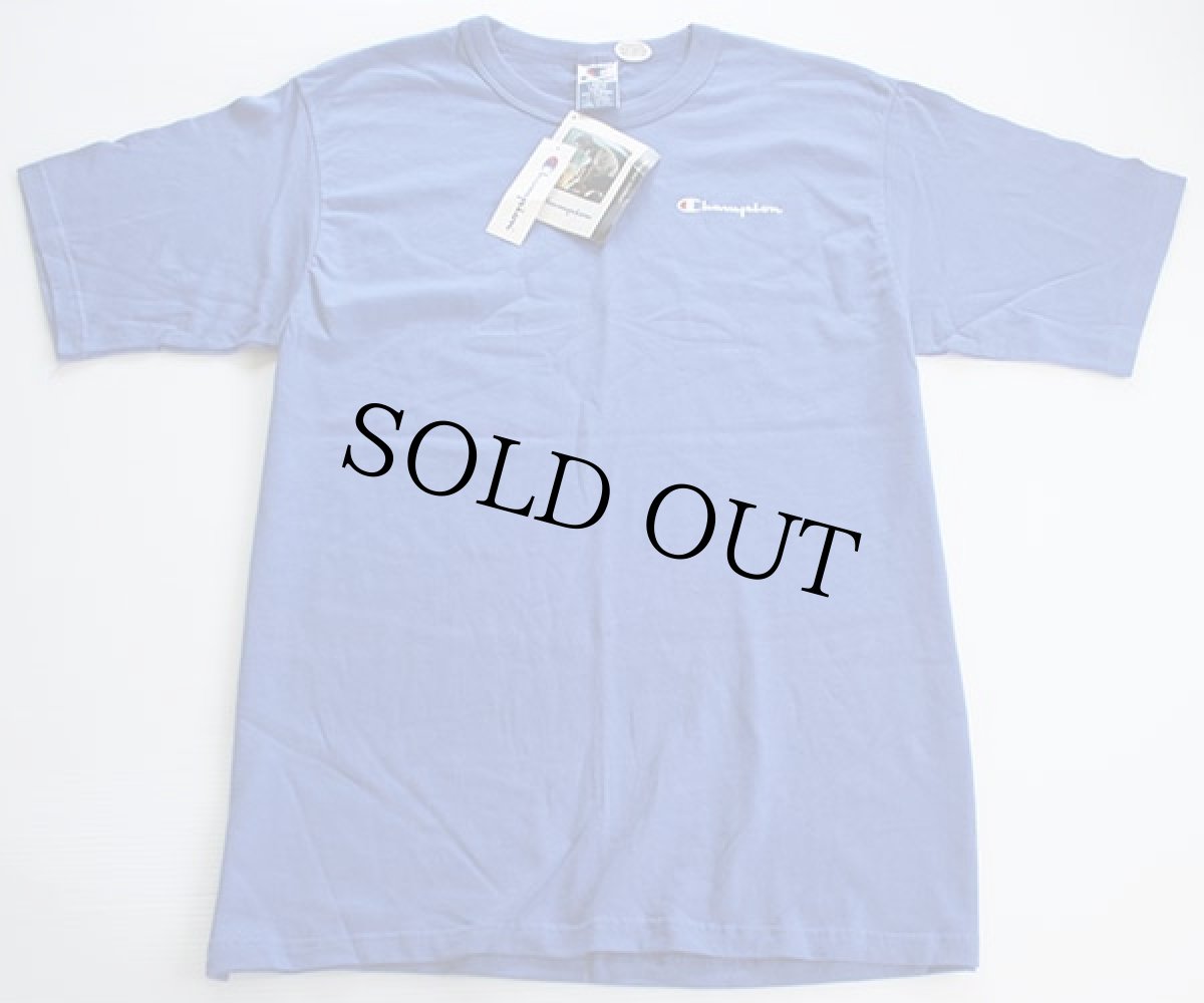 画像2: デッドストック★90s Championチャンピオン ワンポイント スクリプト ロゴ コットンTシャツ 青紫 L (2)