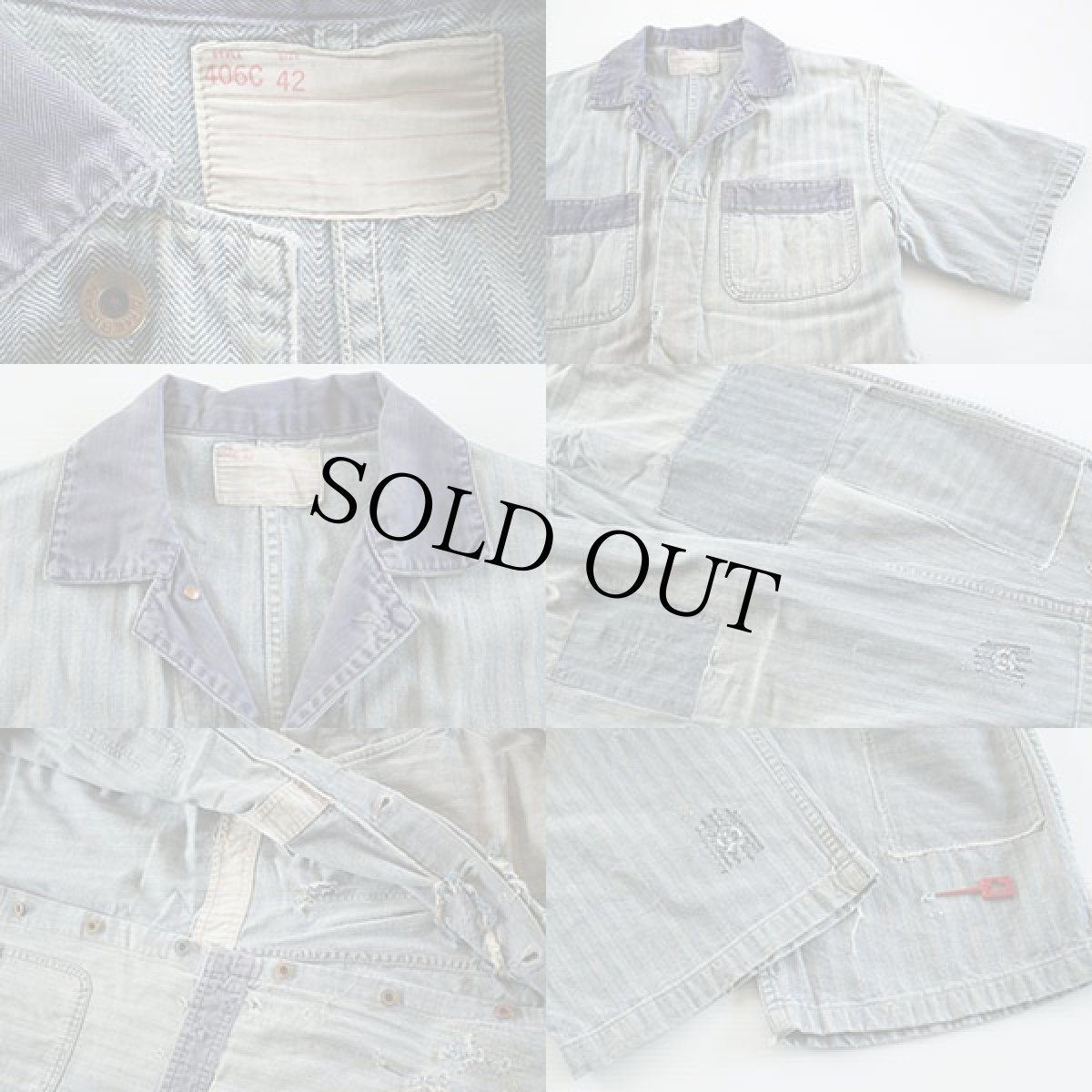 画像2: 60s UNKNOWN ツートン HBT ヘリンボーンツイル 半袖オールインワン ボロ 42 (2)