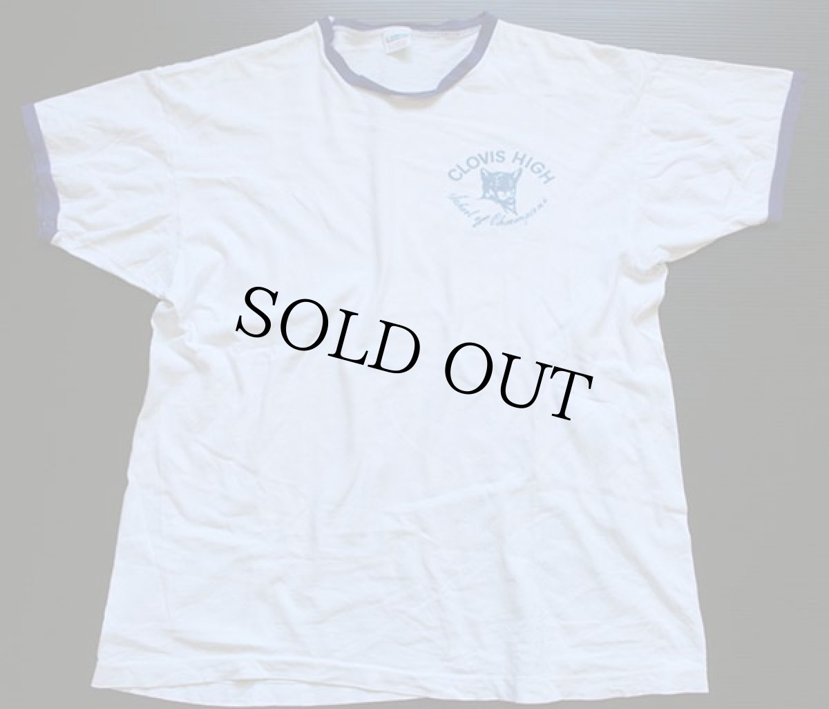 画像2: 70s USA製 Championチャンピオン CLOVIS HIGH 染み込みプリント リンガーTシャツ XL (2)