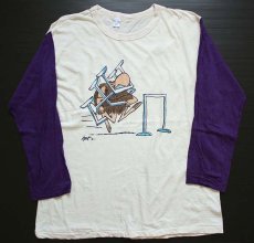 画像1: 70s USA製 Norwich ツートン 染み込みプリント コットン 七分袖Tシャツ 生成り×紫 XL (1)