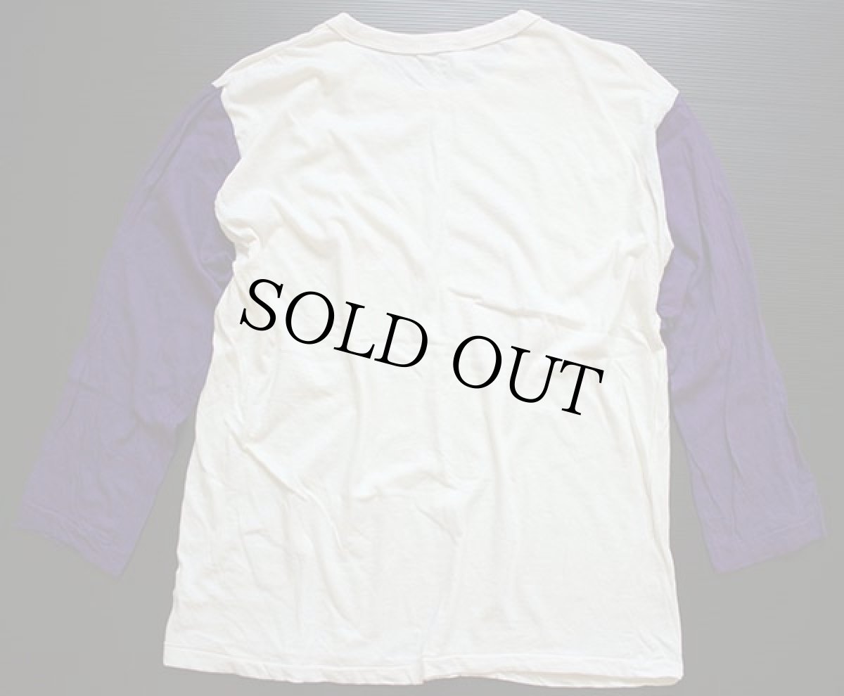 画像2: 70s USA製 Norwich ツートン 染み込みプリント 七分袖 コットンTシャツ 生成り×紫 XL (2)