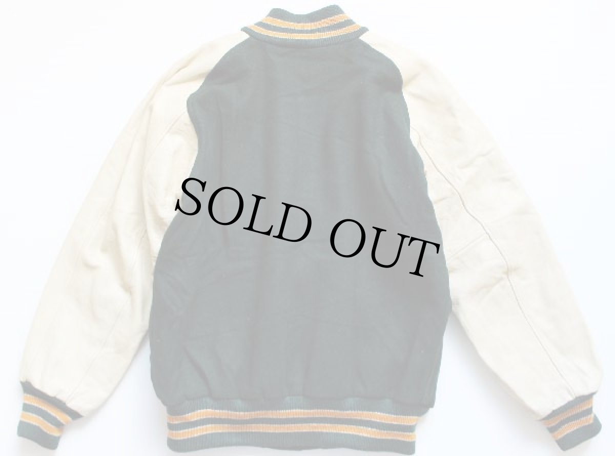 画像2: 60s LASLEY KNITTING メルトン ウール 袖革スタジャン 深緑×クリーム 42 (2)