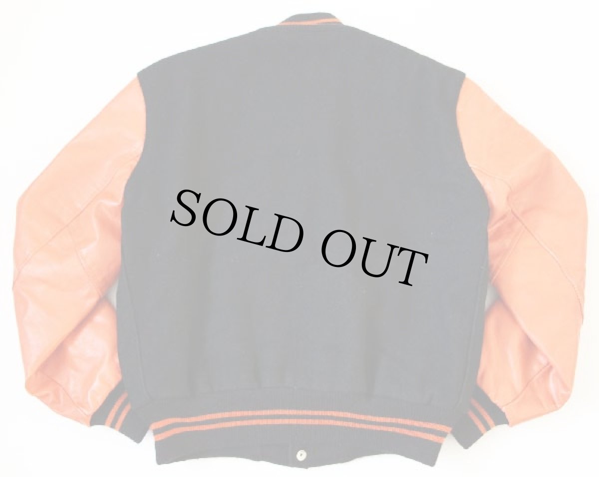 画像2: 70s golden thread Brill Bros キルティングライナー メルトン ウール 袖革スタジャン 黒×オレンジ 40 (2)