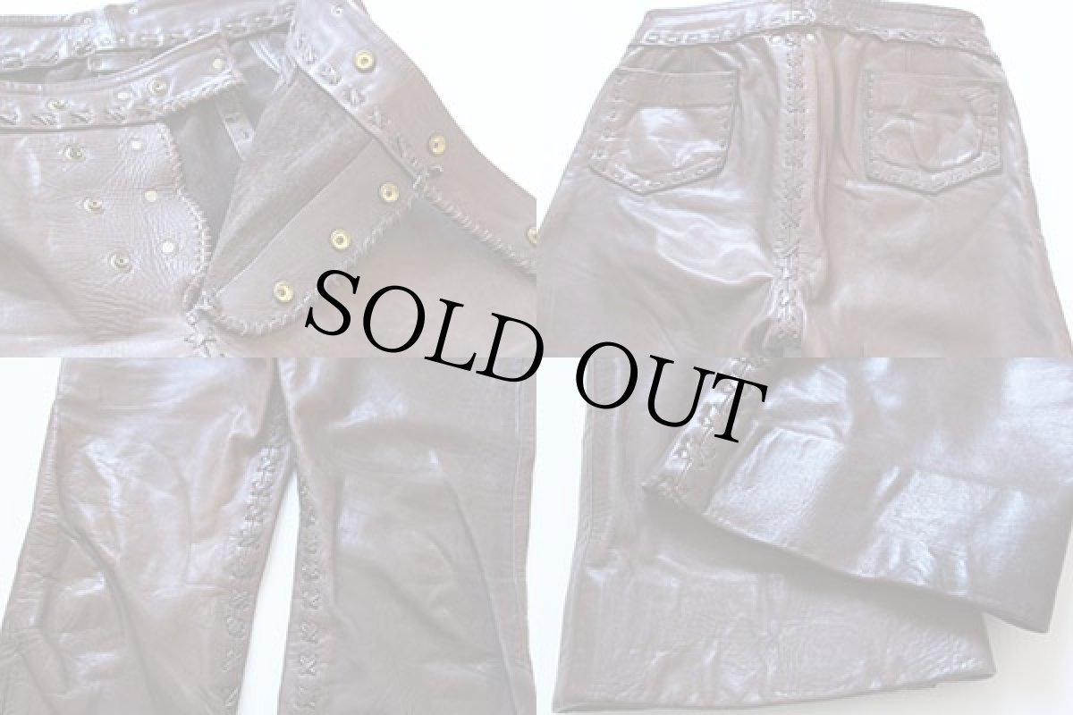 画像3: 70's ハンドクラフト レザーパンツ 茶 w37 (3)