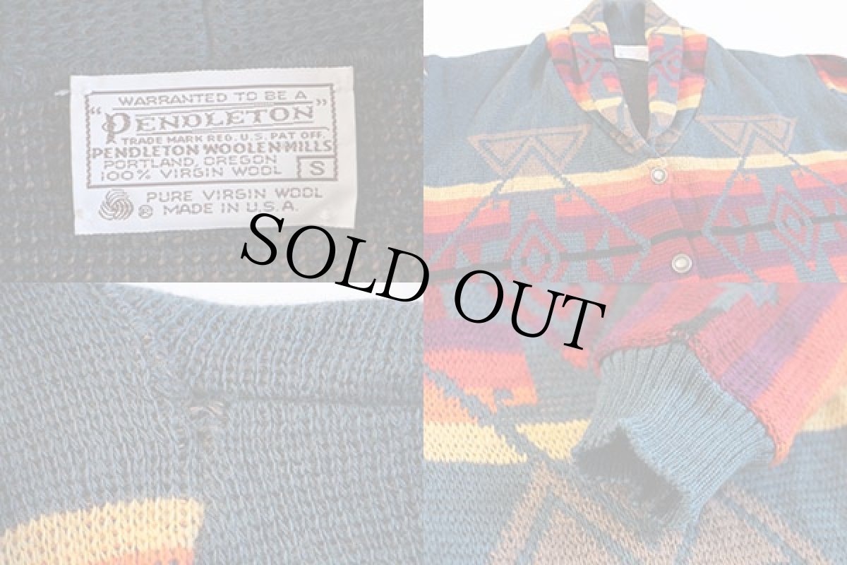 画像4: 70s USA製 PENDLETONペンドルトン ネイティブ柄 ジャガード ウールニット カーディガン S (4)