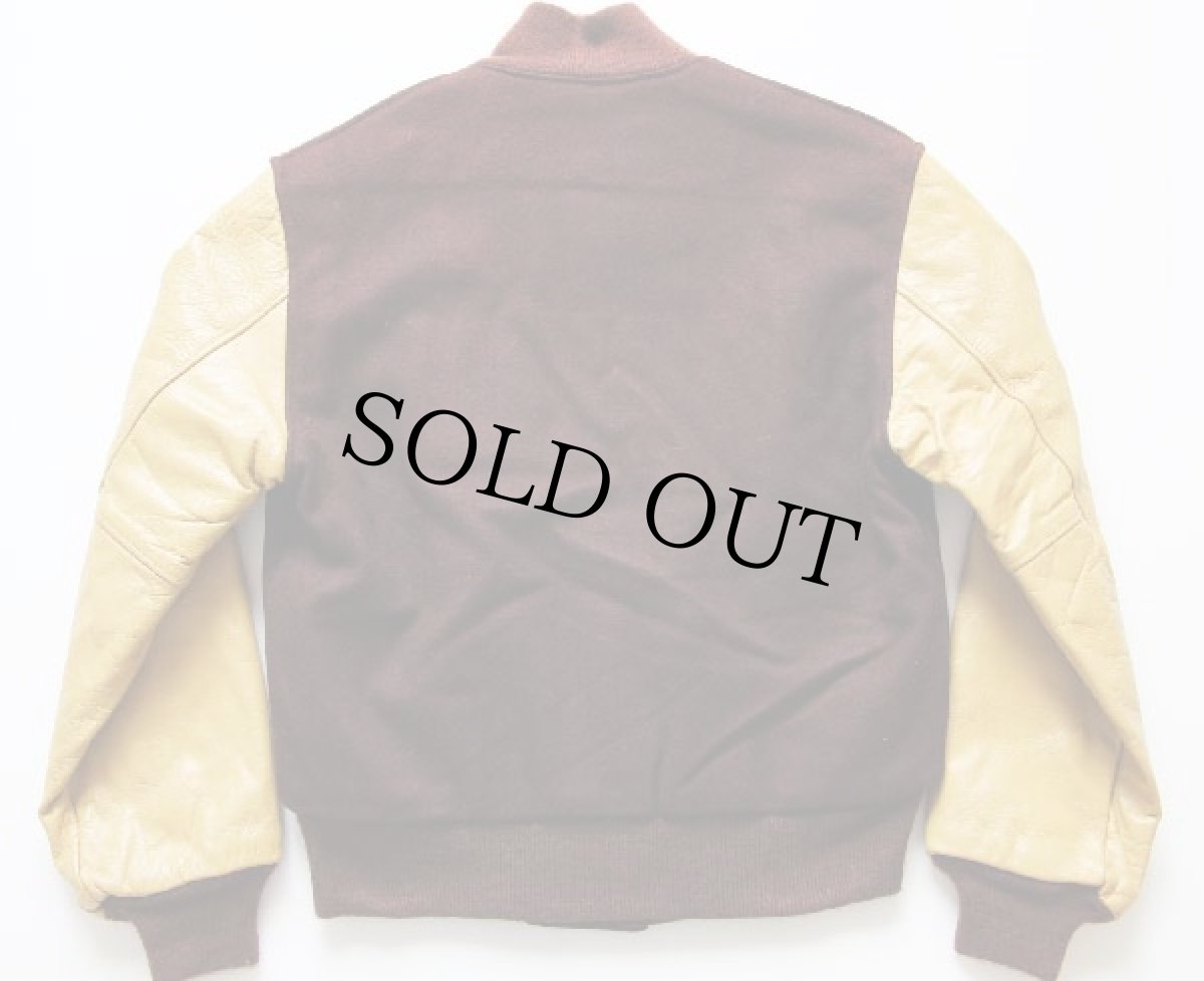 画像2: デッドストック★80s USA製 TROPHY JACKETS メルトン ウール 袖革スタジャン 焦げ茶 S (2)