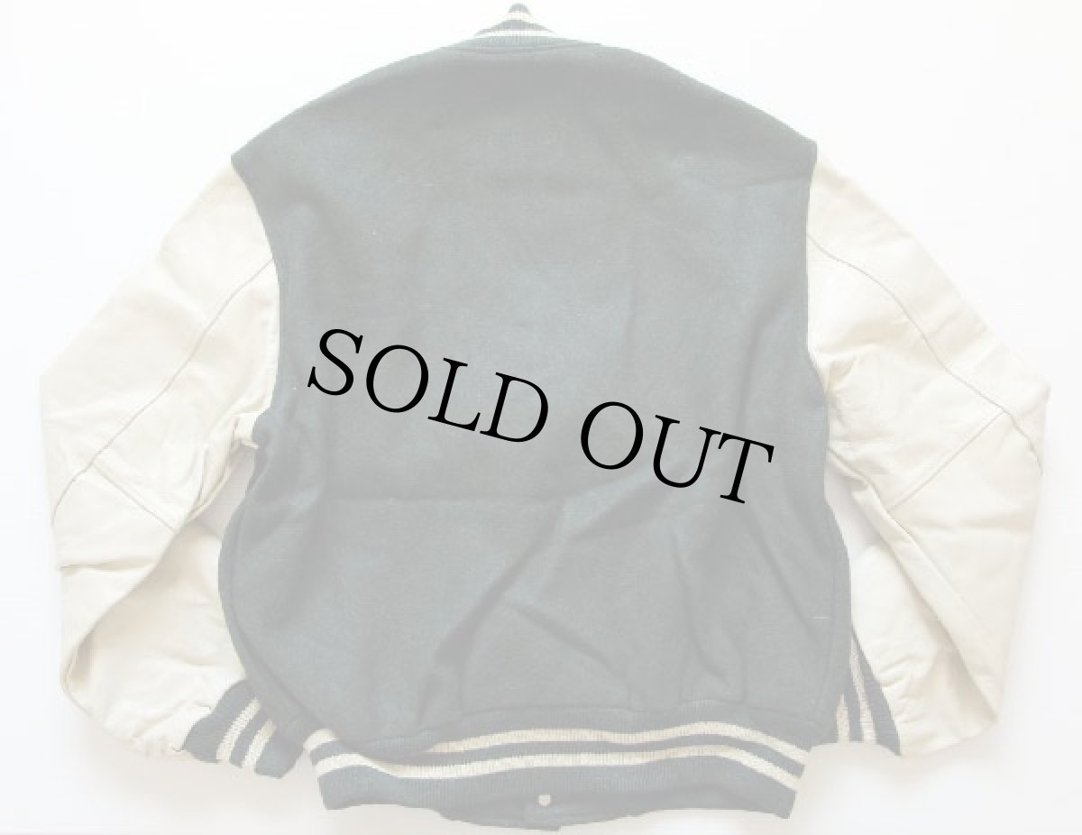 画像2: デッドストック★80s USA製 TROPHY JACKETS メルトン ウール 袖革スタジャン 緑 M (2)