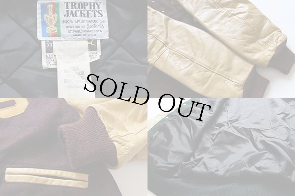 画像4: デッドストック★80s USA製 TROPHY JACKETS メルトン ウール 袖革スタジャン 焦げ茶 S (4)