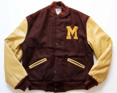 画像1: 80s USA製 TROPHY JACKETS メルトン ウール 袖革スタジャン 焦げ茶 M (1)