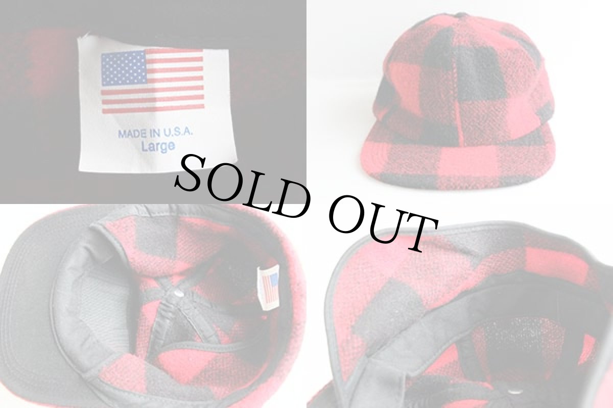 画像2: USA製 バッファローチェック 耳当て付き ウールキャップ 黒×赤 L (2)