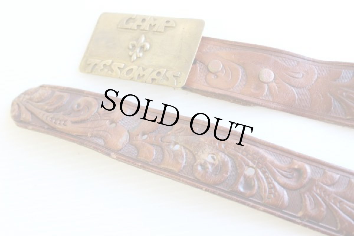 画像2: 70s BSA ボーイスカウト CAMP TESOMAS カービング レザーベルト 茶 34 (2)