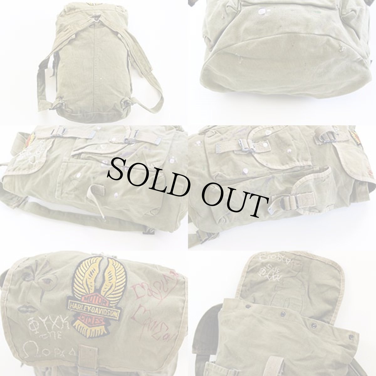 画像2: ビンテージ ハーレー パッチ付き ミリタリー リュックサック カスタム (2)