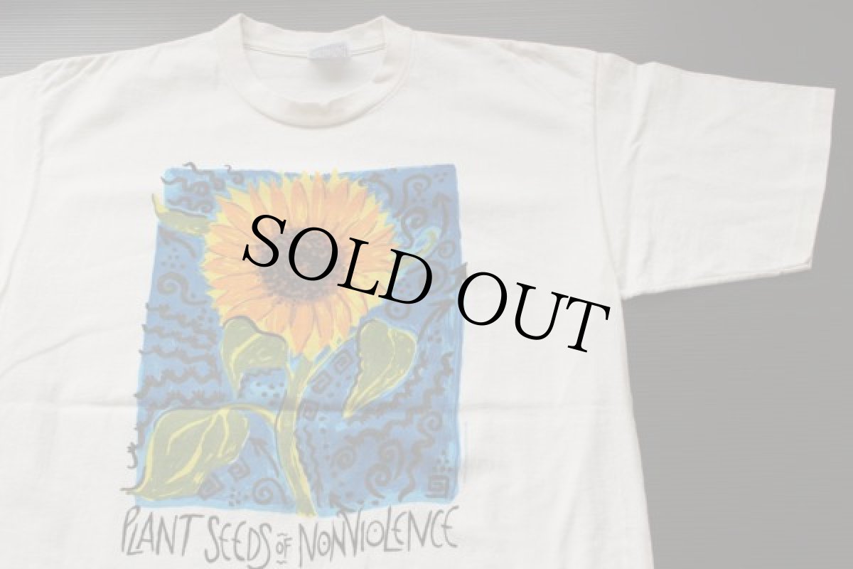 画像1: 90s USA製 PLANT SEEDS OF NONVIOLENCE ひまわり アート コットンTシャツ 生成り XL (1)