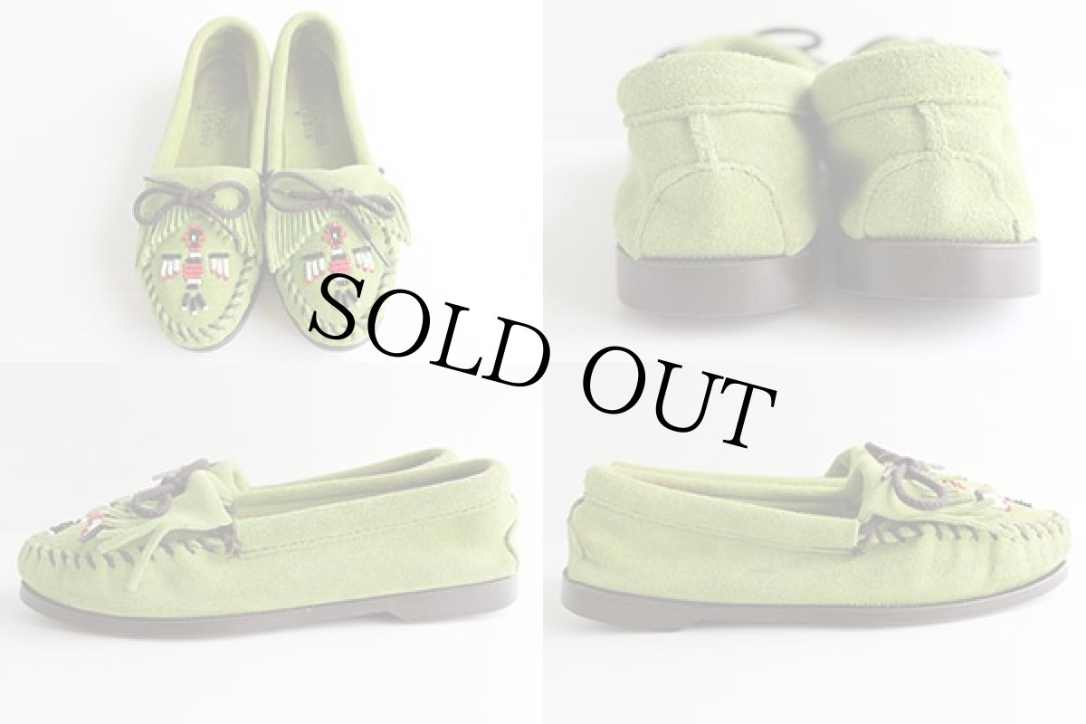 画像2:  MINNETONKAミネトンカ ビーズ刺繍 スエード モカシンシューズ 緑 7 (2)