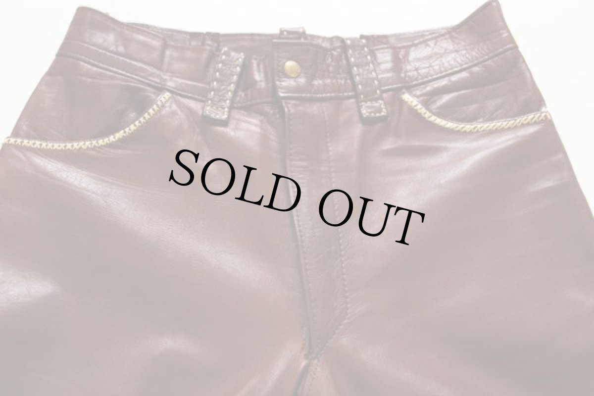 画像2: 70's ハンドクラフト レザーパンツ 茶 w33 (2)