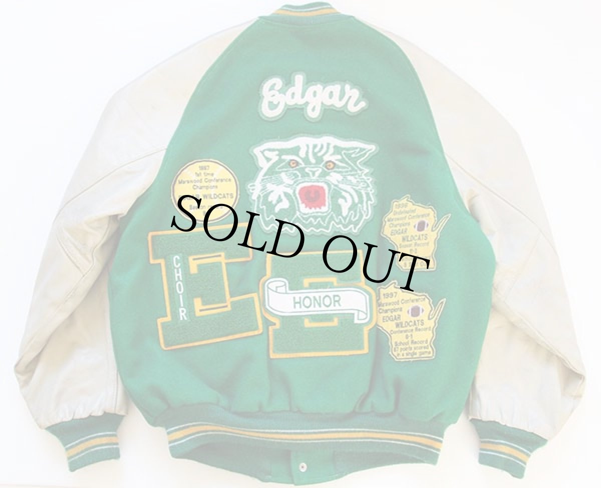 画像2: 90s USA製 Ripon パッチ付き メルトン ウール 袖革スタジャン 緑 52 (2)