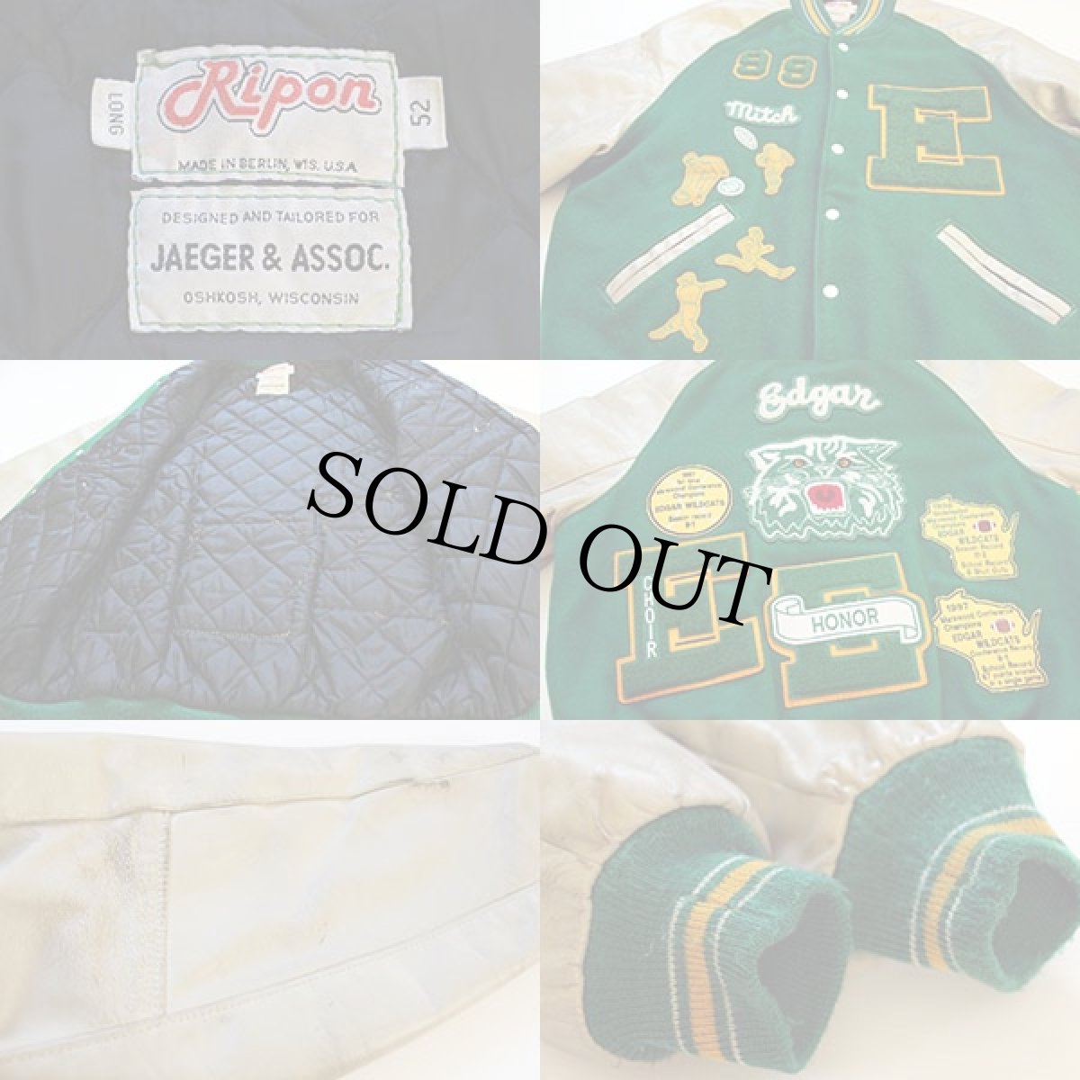 画像3: 90s USA製 Ripon パッチ付き メルトン ウール 袖革スタジャン 緑 52 (3)