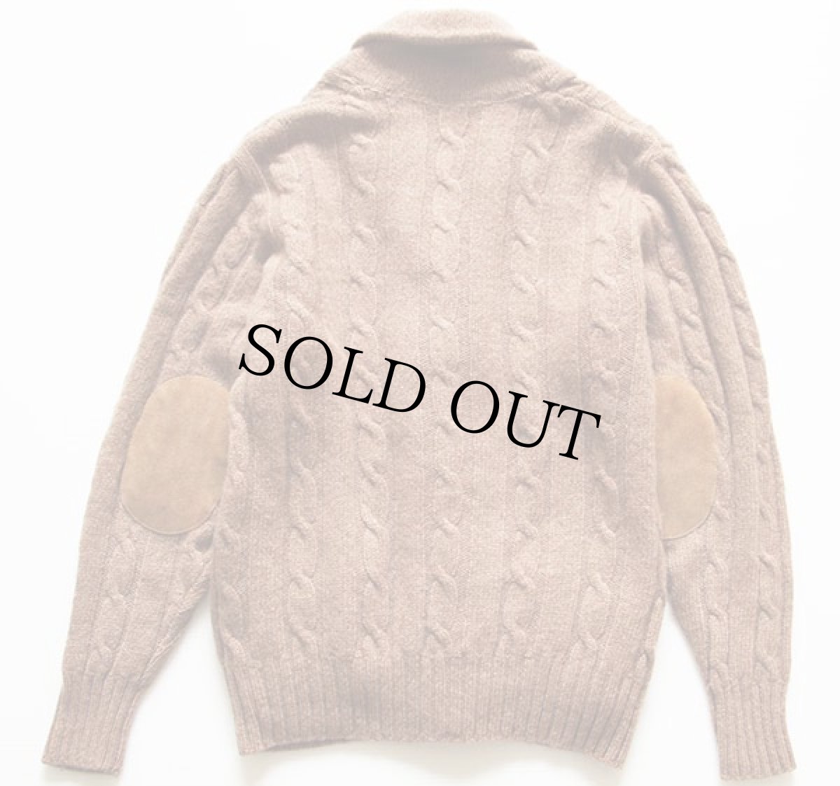 画像2: ビンテージ ショールカラー エルボーパッチ付き ケーブル編み ウールニット カーディガン (2)