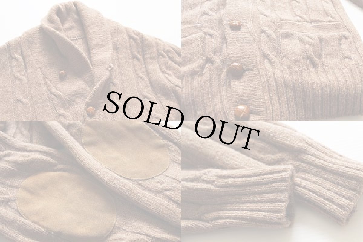 画像4: ビンテージ ショールカラー エルボーパッチ付き ケーブル編み ウールニット カーディガン (4)